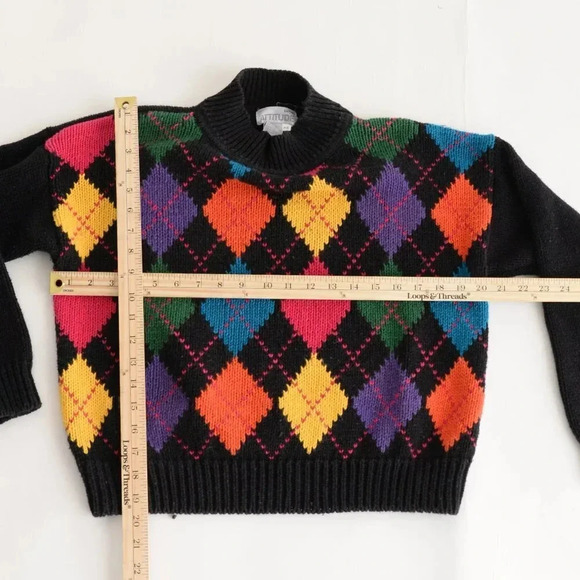 Vintage Attitude Black Argyle Pattern Knit Mockneck Sweater S - Picture 4 of 12